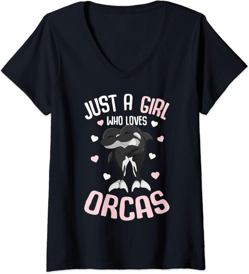 Womens Just A Girl Who Loves Orcas Whale Kids Girls V-Neck T-Shirt