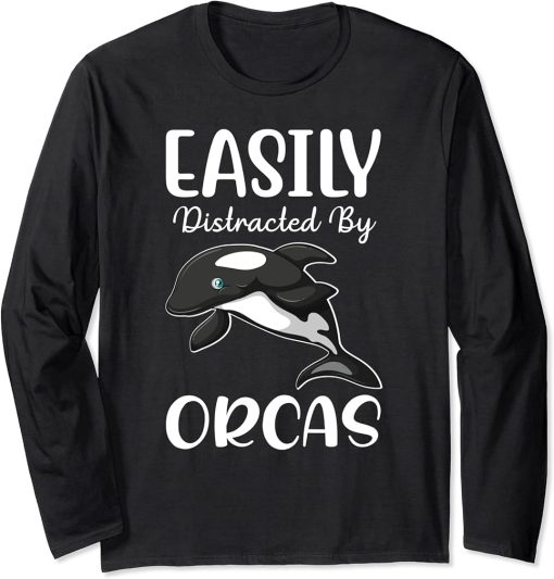 Easily Distracted By Orcas I Orca Whale I Kids Orca Long Sleeve T-Shirt